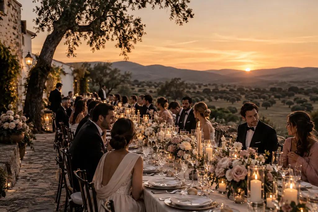 Una larga mesa de banquete con flores y velas, y los comensales conversando mientras el sol se pone sobre las colinas.