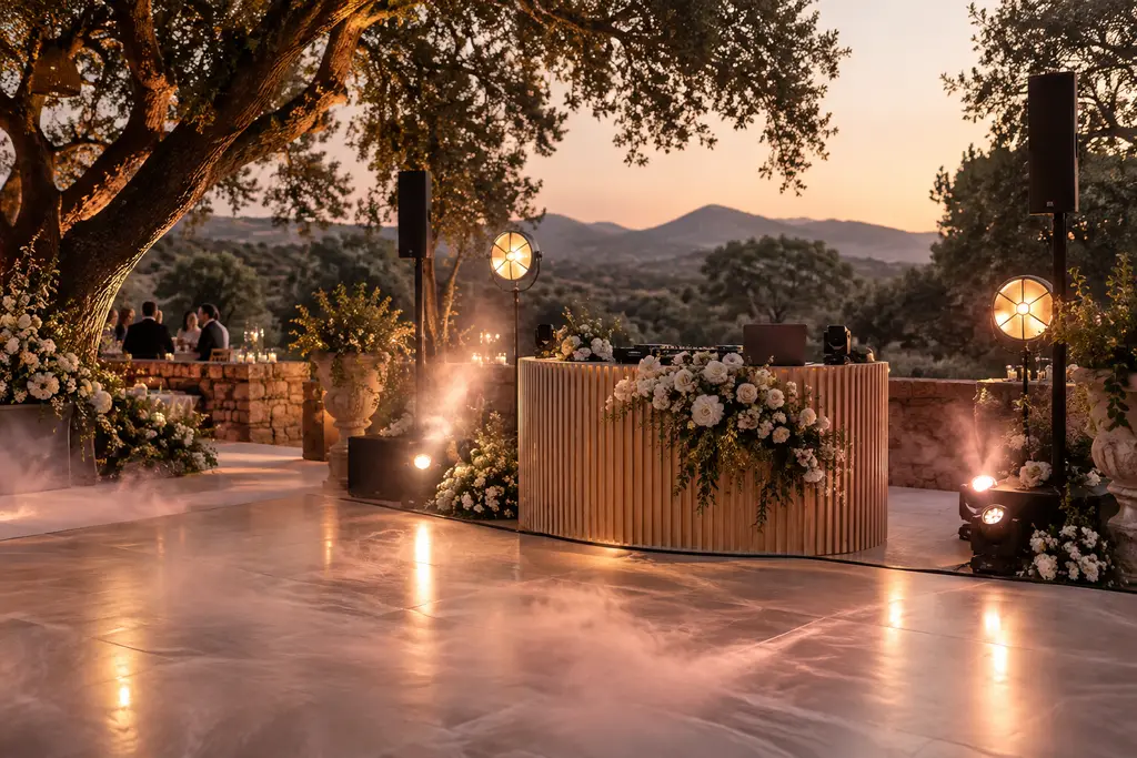 Una cabina de DJ decorada con flores junto a una pista de baile reflectante, con equipo de sonido y luces entre los olivos.