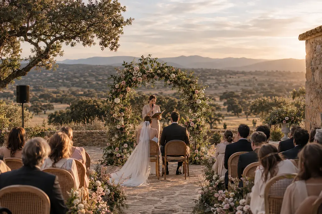 Una ceremonia civil al aire libre junto a un arco de flores, con los invitados sentados y un paisaje de dehesa al fondo.