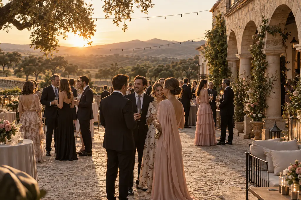 Invitados elegantes conversando en el patio de una finca durante el cóctel, con arcos de piedra y un cielo dorado.