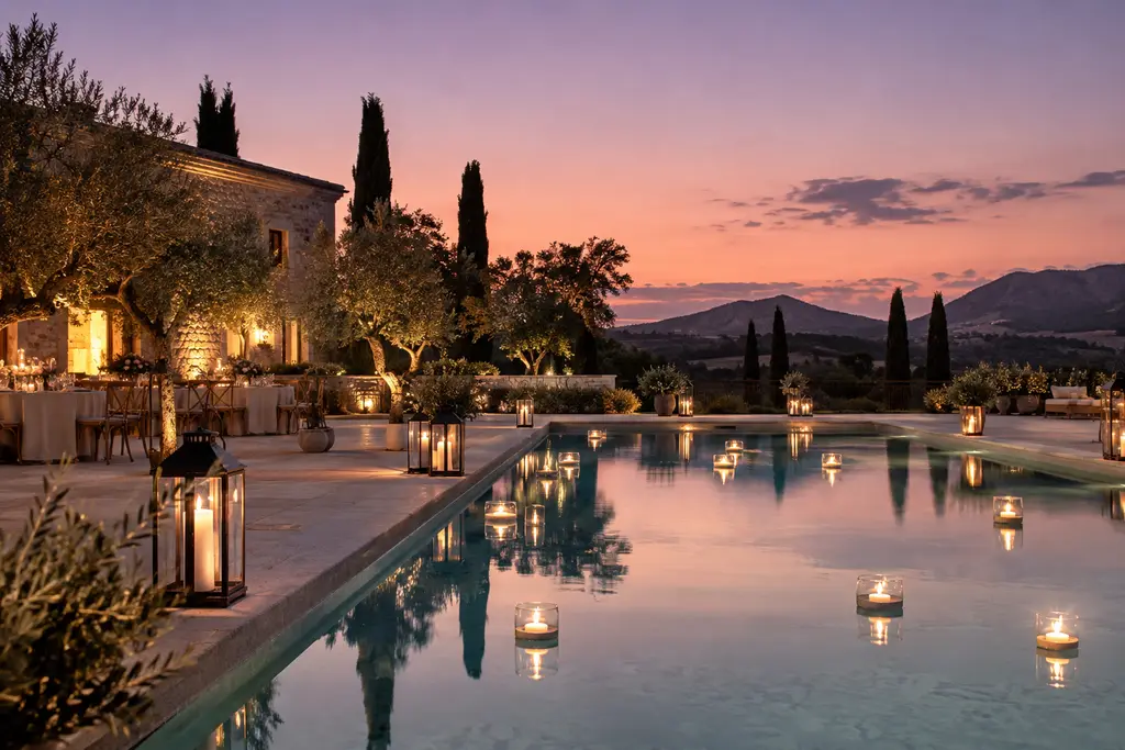 Una piscina con velas flotantes y farolillos al anochecer, con olivos, cipreses y un cielo rosado sobre las colinas.