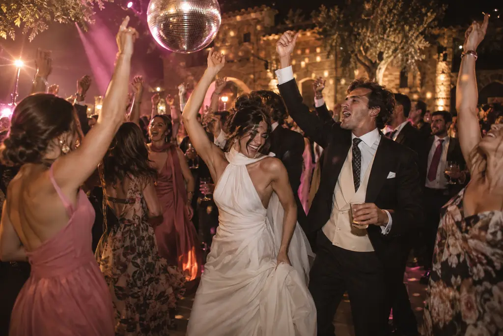 Invitados bailando con los brazos en alto bajo una bola de espejos y luces de colores, entre risas y vestidos de fiesta.