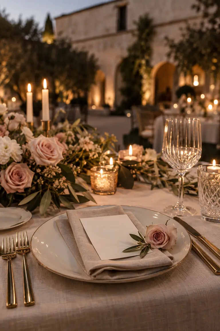 Detalle de una mesa de boda con plato, copa de cristal, flores rosas y velas, con una finca de piedra desenfocada detrás.