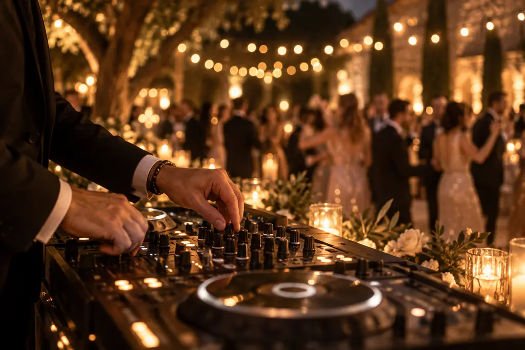Las manos de un DJ sobre una mesa de mezclas con un plato giratorio, mientras los invitados bailan al fondo bajo luces cálidas.