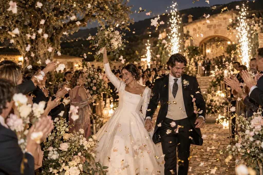 Los novios entran caminando entre los invitados, con pétalos y fuentes de chispas frías en el jardín de una finca.