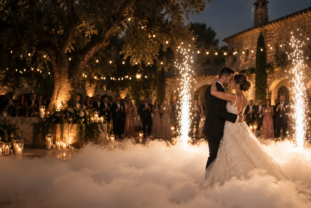 Una pareja de novios baila entre humo bajo y fuentes de chispas frías en un banquete al aire libre, con guirnaldas de luces entre los olivos.