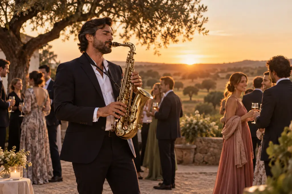 Un saxofonista toca durante el cóctel al atardecer, rodeado de invitados con una copa en la mano en el patio de una finca.