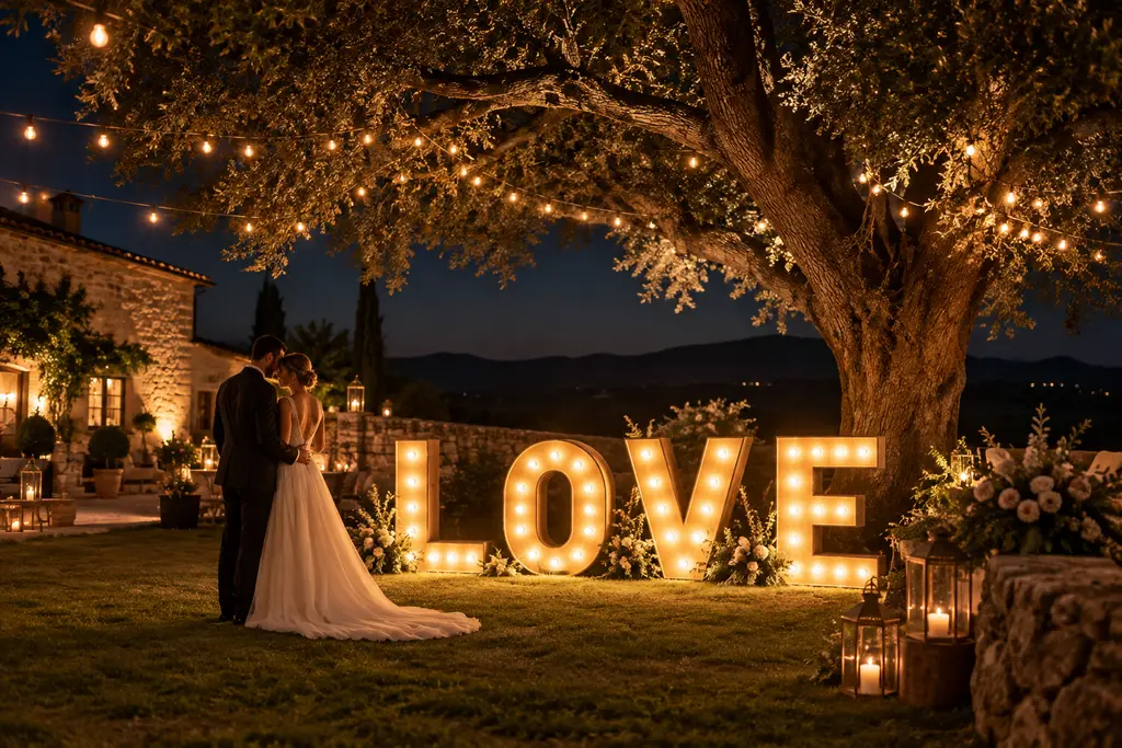 Una pareja de novios junto a unas letras luminosas que forman la palabra LOVE, bajo un gran árbol con guirnaldas de luces.
